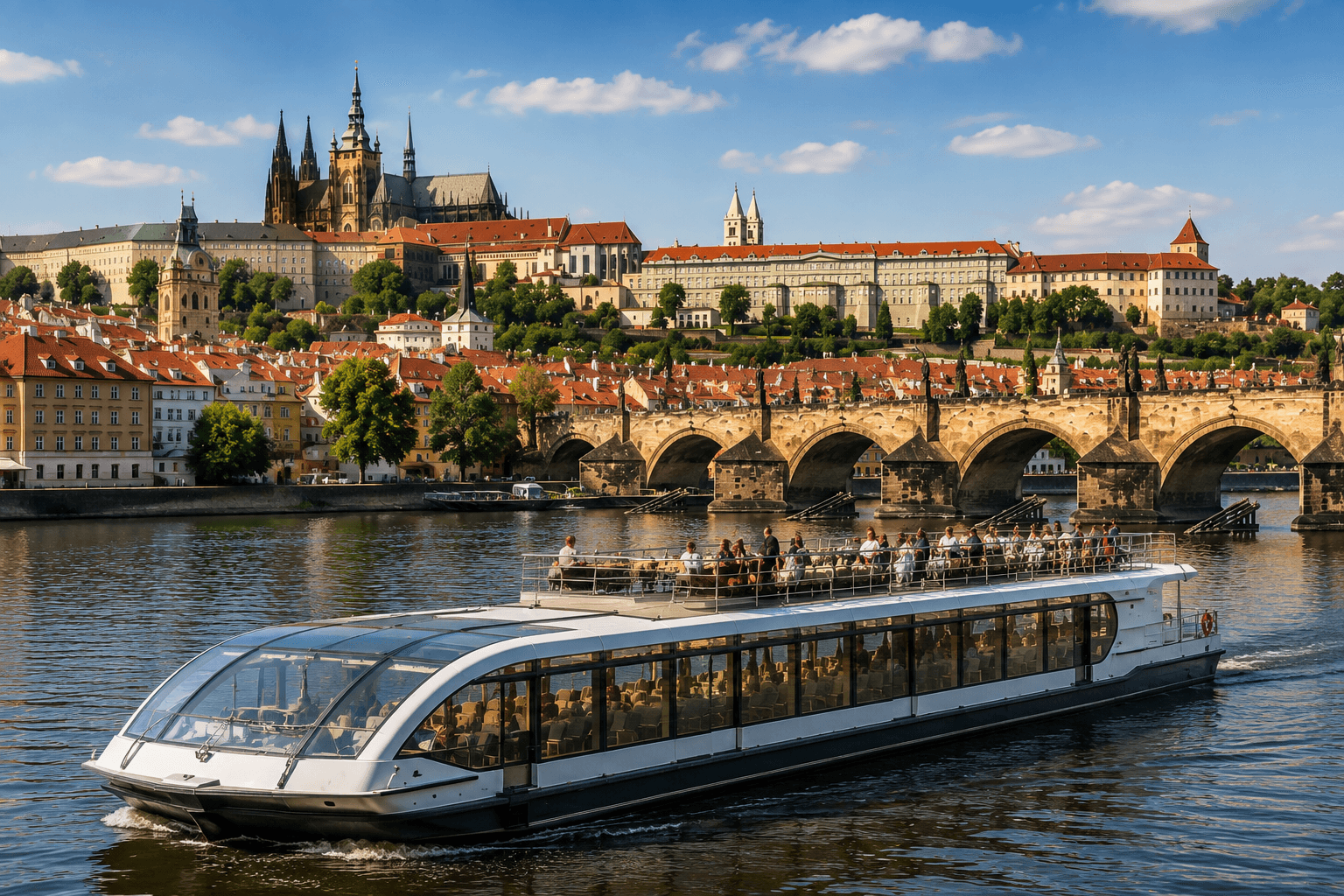 Prague sightseeing cruise on the Vltava River with Charles Bridge and Prague Castle visible in the background.