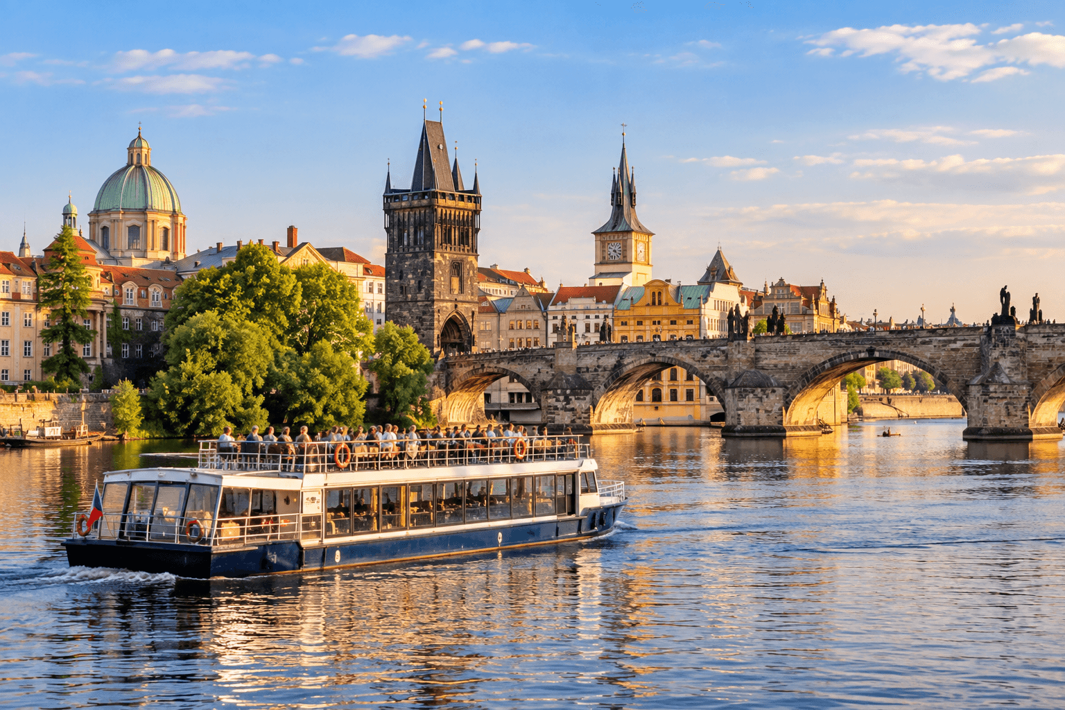 Sightseeing boat cruising the Vltava River near Charles Bridge in Prague.