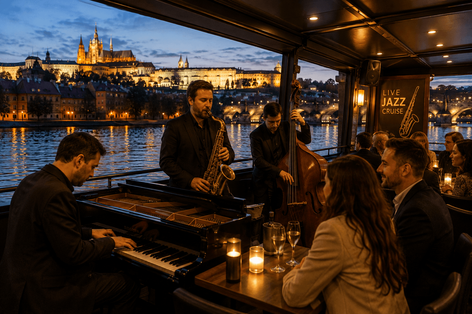 Live jazz band performing aboard a Prague evening cruise on the Vltava River with illuminated Prague Castle in the background.